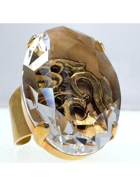 Gold-Tone Om Symbol Crystal Statement Ring Size 7-8 Adjustable 14.48g